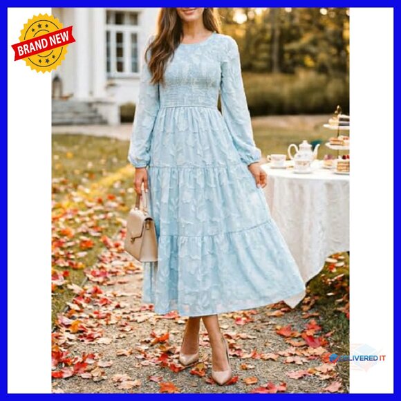 Boho Floral Midi Dress Long Sleeve Crewneck A-Line Fall Wedding Guest - Picture 7 of 8